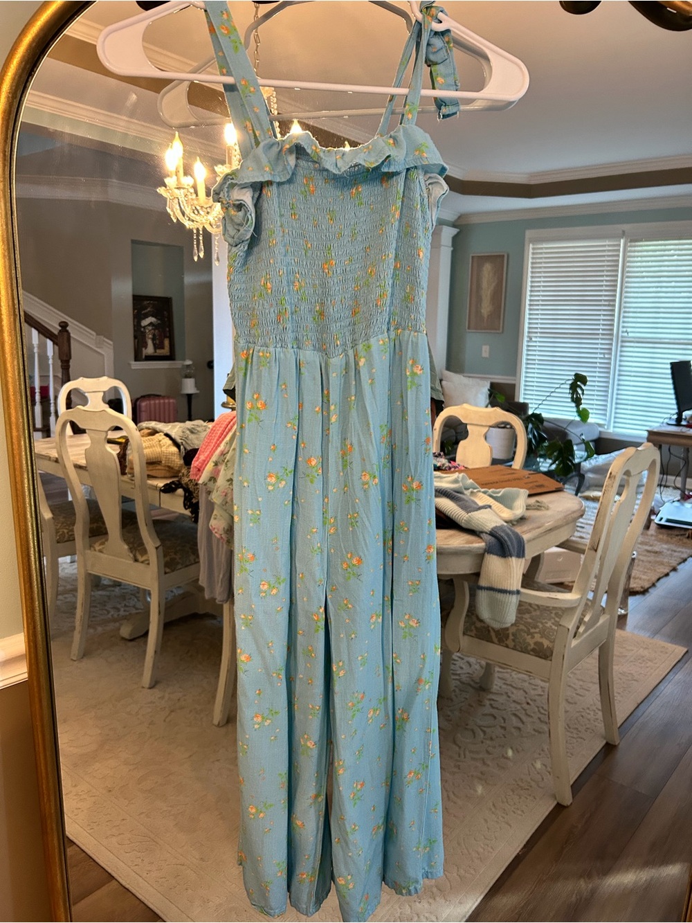 Love Fire S Blue Floral Smocked Wide Leg Jumpsuit Tie Straps